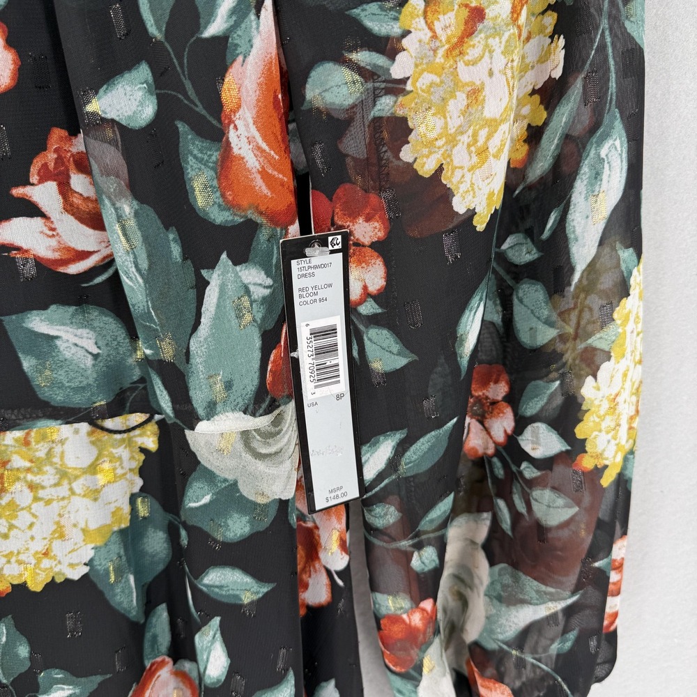 New Tahari Arthur S Levine Dress Womens 8P Black Floral Long Sleeve Chiffon Midi - Picture 4 of 11